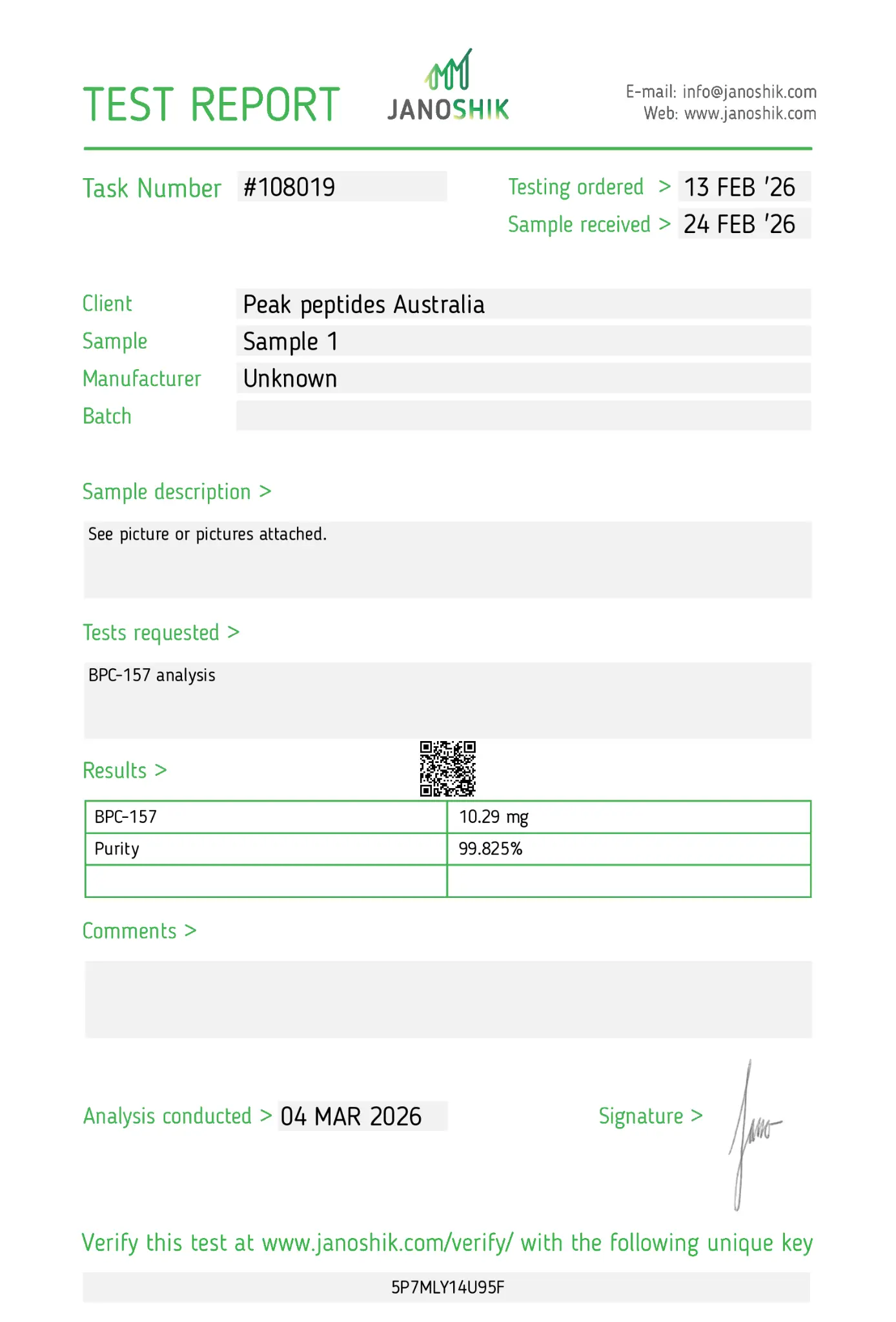 Original unedited BPC-157 laboratory report showing task number 108019, client details, Sample 1, measured 10.29 mg, 99.825% purity, QR code and verification footer.