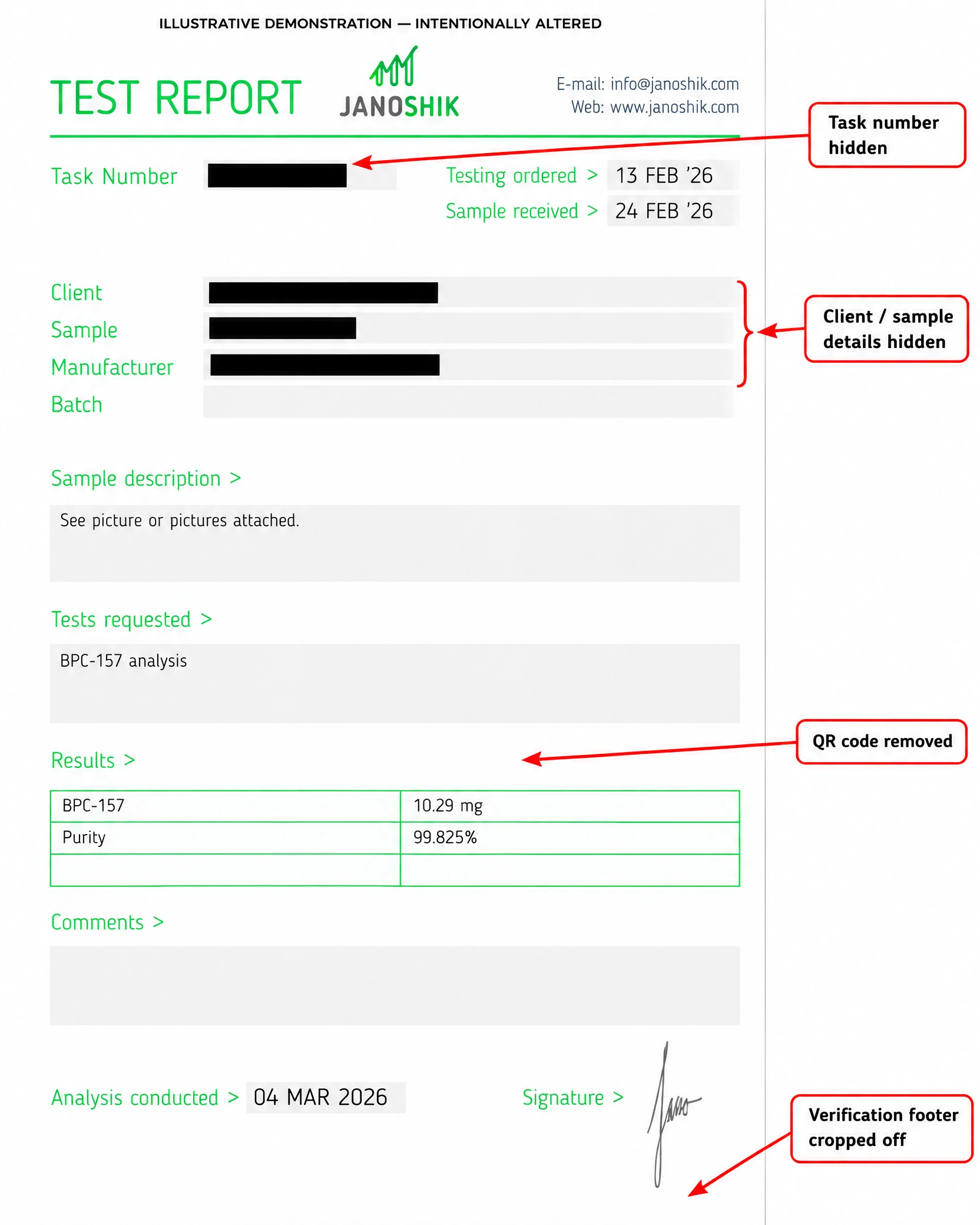 Intentionally altered COA demonstration with the task number, client, sample and manufacturer blacked out; the QR code and verification footer are missing.
