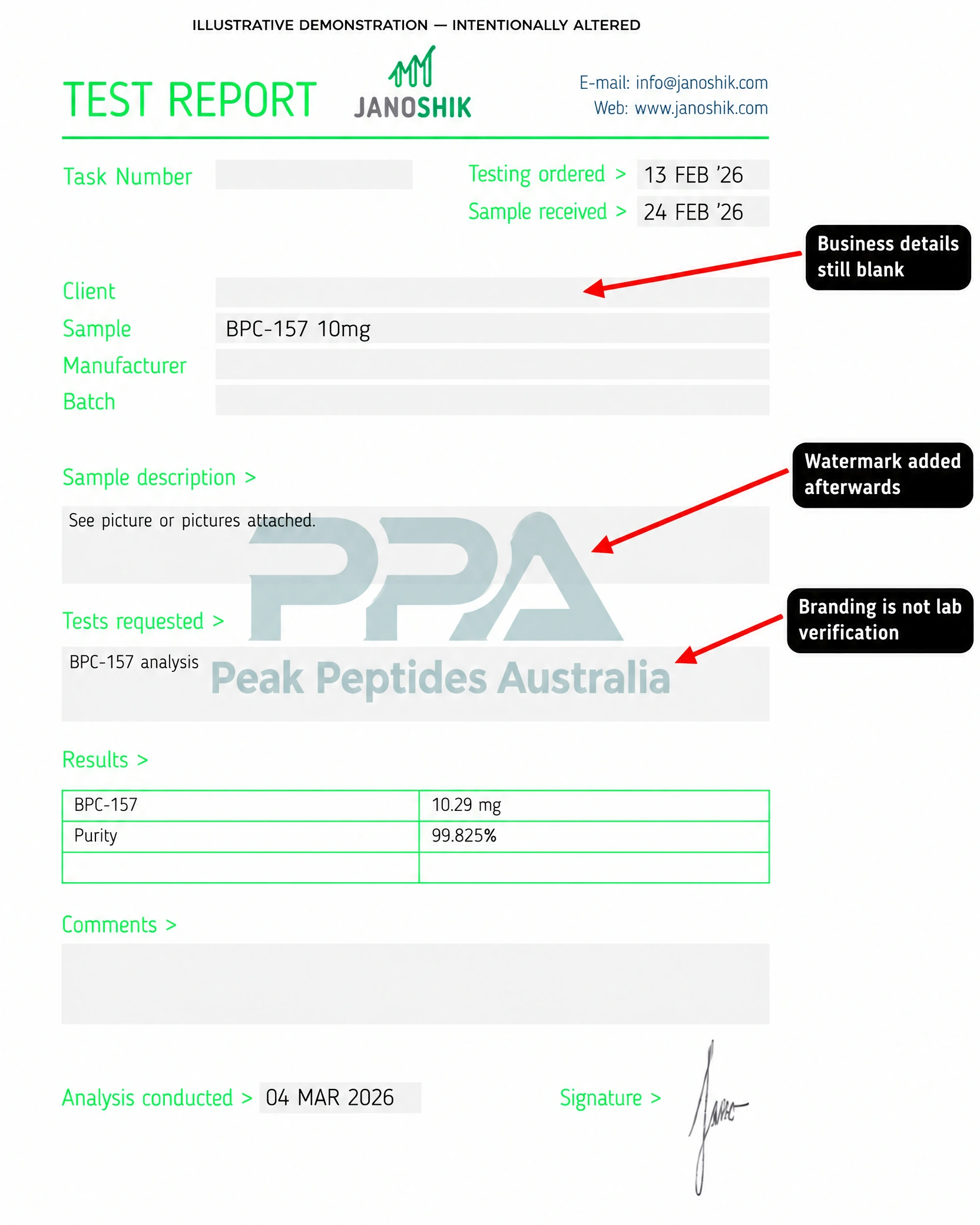 Intentionally altered COA demonstration with a see-through business watermark added after identifying information was removed.